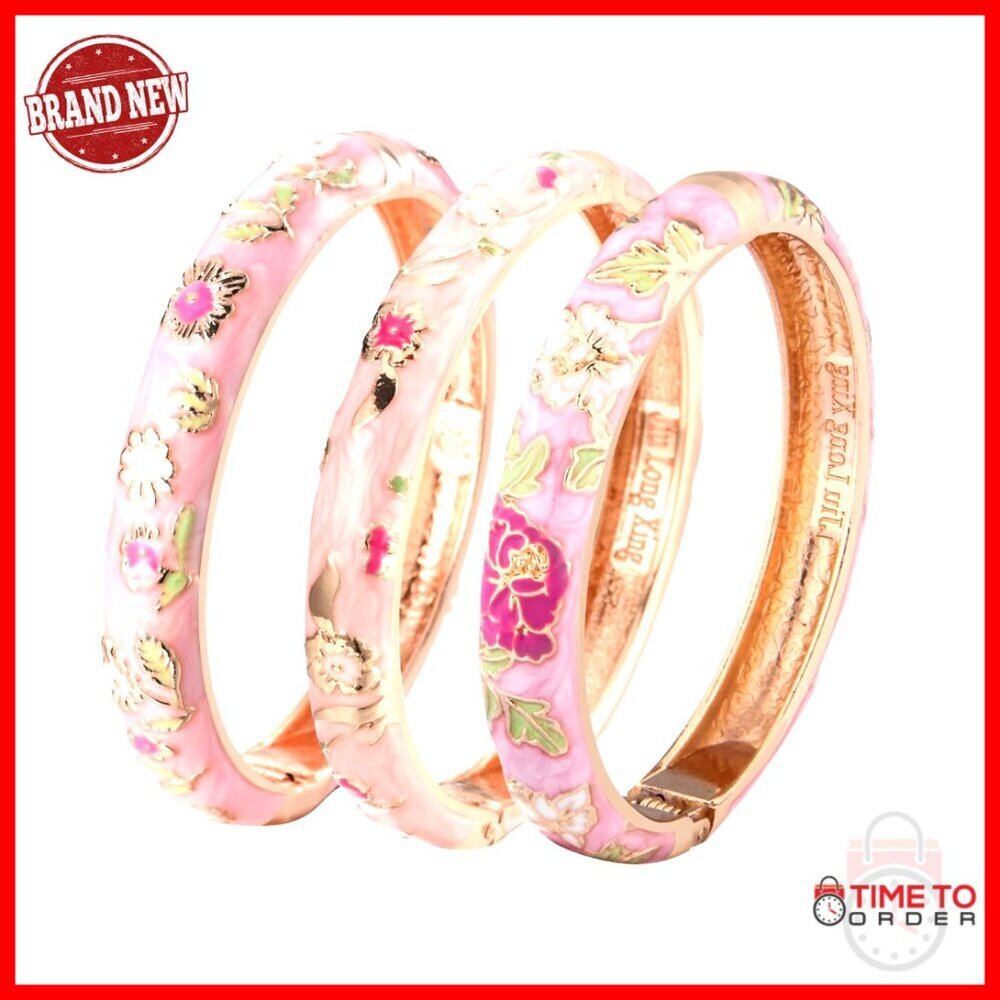 Gold Plated Hinged Cuff Bangle Bracelet Set Enamel Flower Design